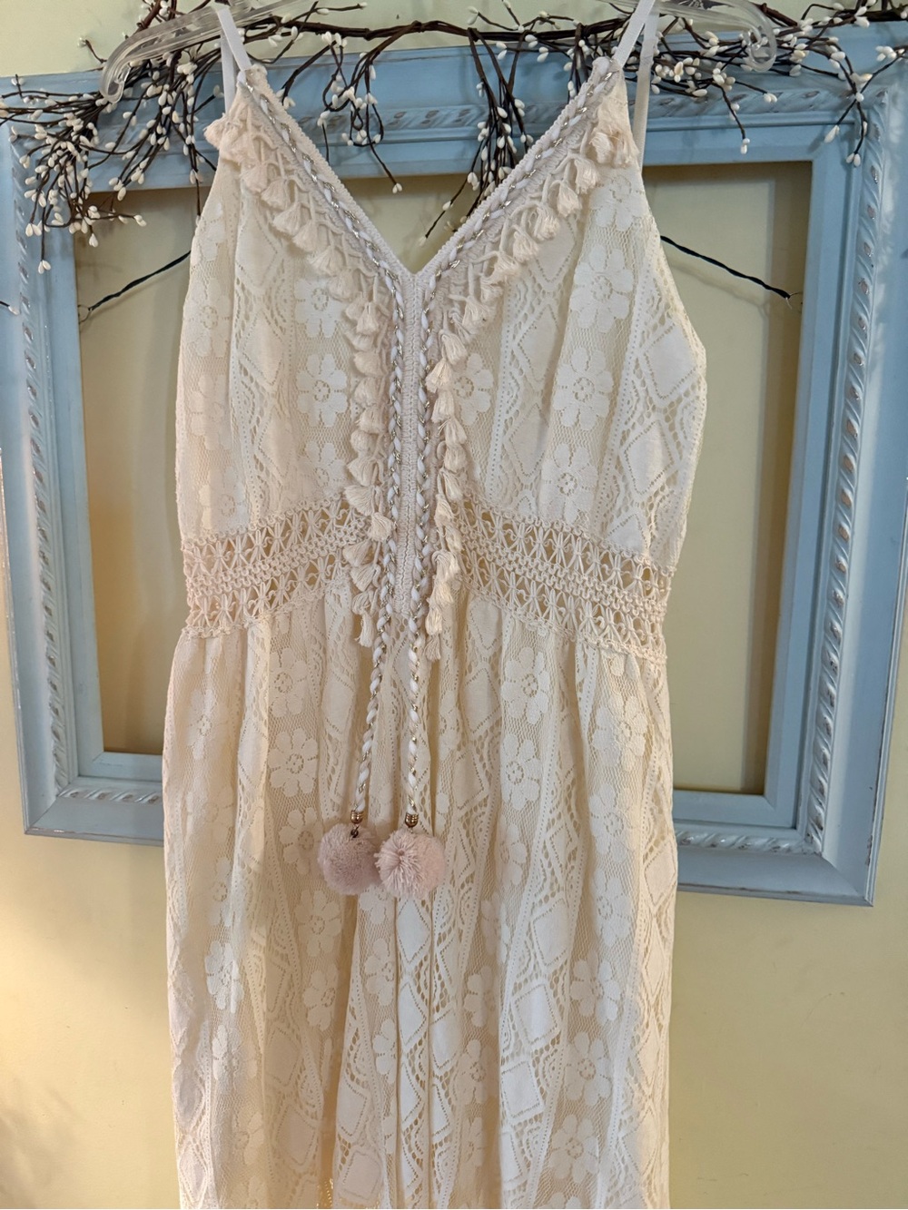 Trendy boutique Off-White Lace Midi Dress with Pom Tassels